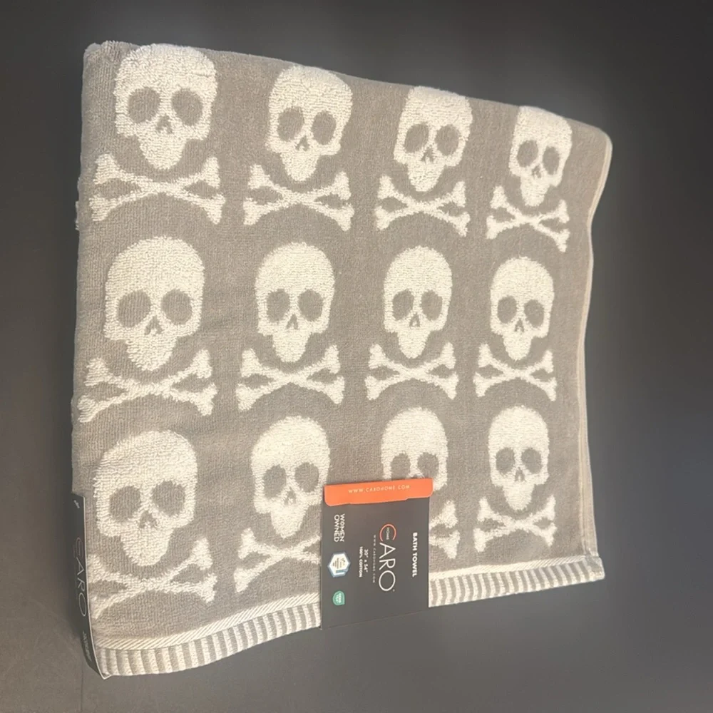 3pc CARO HOME Skull Pattern Bath Towel Set - Halloween - 100% Cotton -Gray/White
